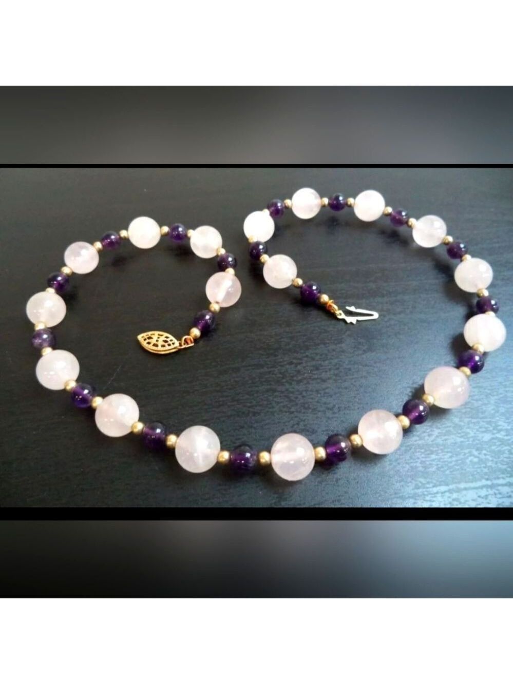 VINTAGE SIGNED GOLD FILLED ROSE QUARTZ & AMETHYST 17" NECKLACE